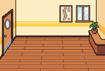 The pixel clinic: a door on the left, a wooden floor, a spine poster and a window on the back wall, a desk with a plant on the right.