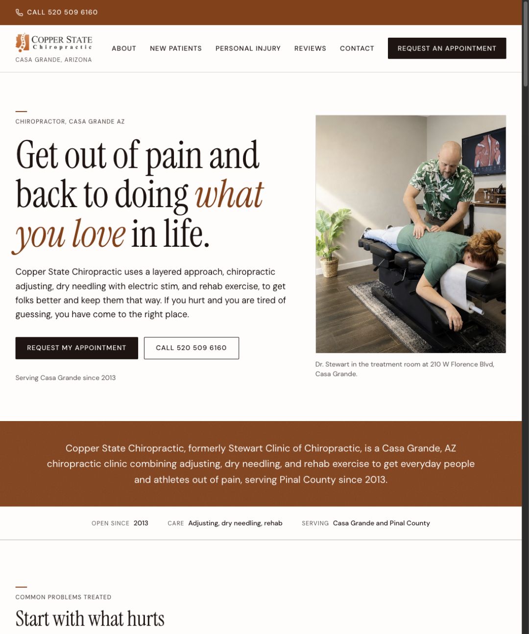 Copper State Chiropractic's homepage features real treatment photography, a pain-focused message, and appointment navigation